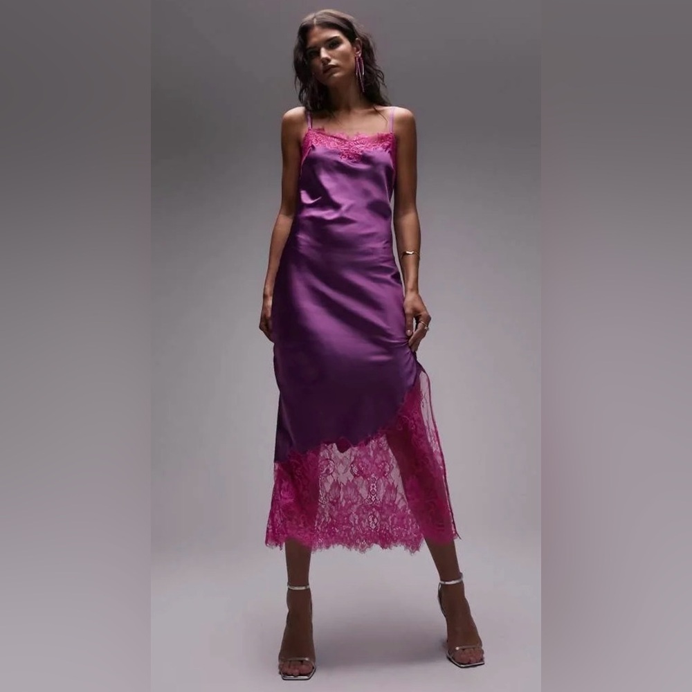 Topshop Purple and Pink Lace-Trim Midi Slip Dress